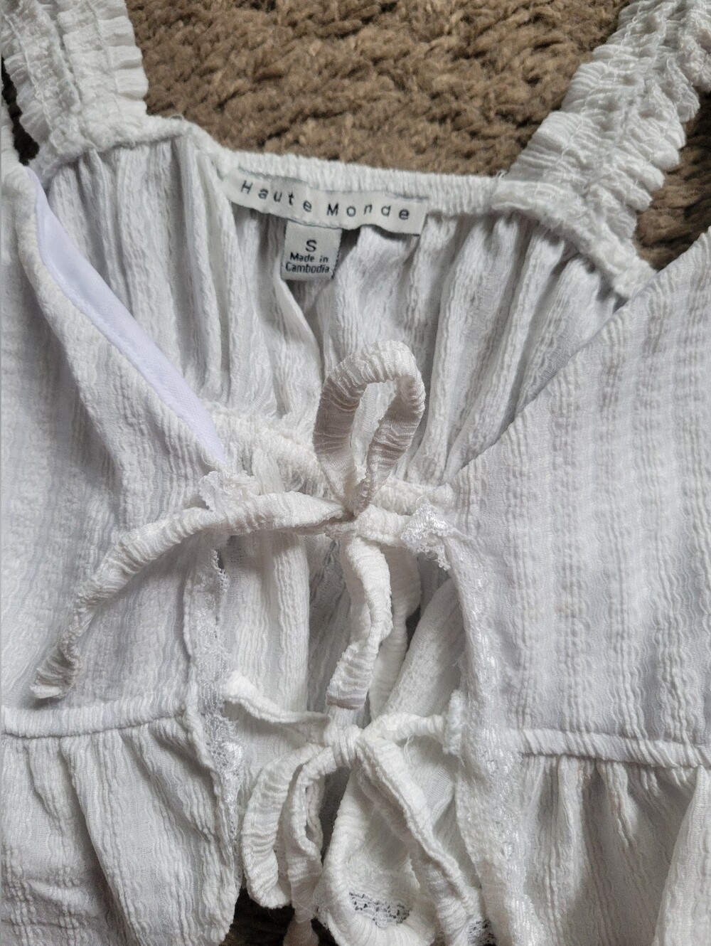 HAUTE MONDE White Tie-Front Ruffle Crop Top - Picture 3 of 4